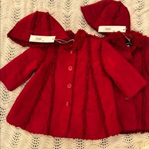 NWT Twin Set 2 Jean Bourget Cranberry Faux Suede Fleece Lined Coat & Hat Sz 9 mo